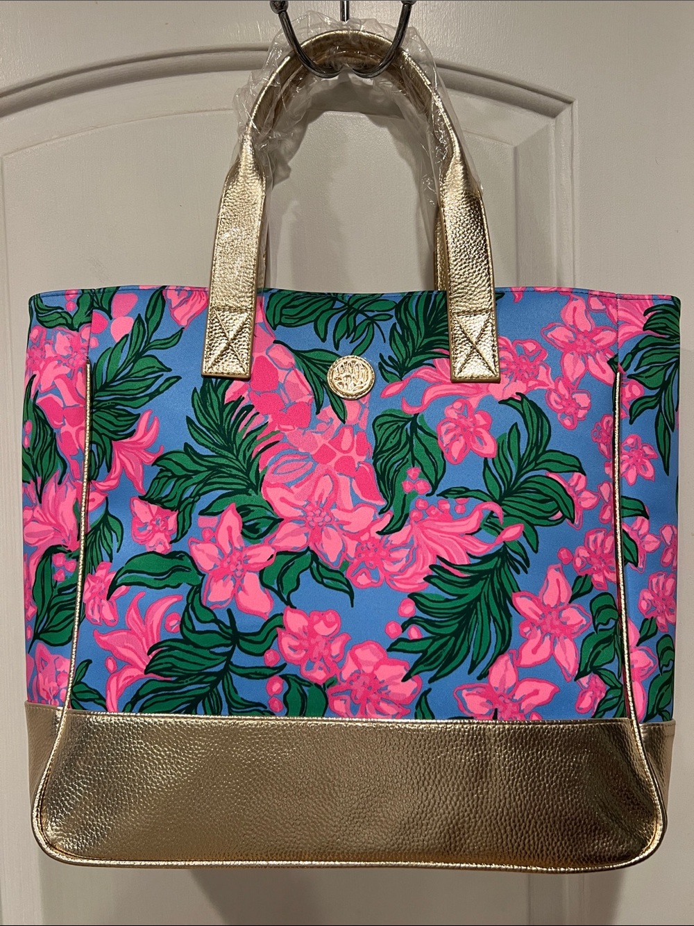 Lilly Pulitzer Pink Floral Tote with Blue Field and Gold Trim